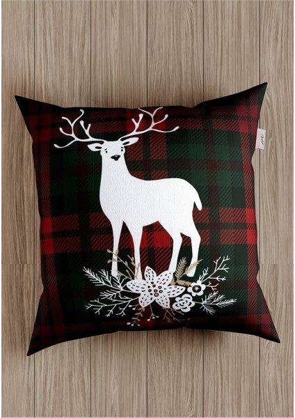 Kırmızı Ekose ve Geyik Desenli Şık Kırlent Kılıfı, Tatil Atmosferi Için Ideal fiyatları