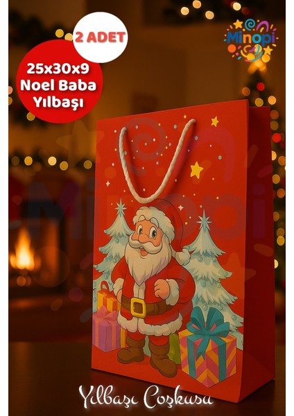 Noel Baba Desenli Kırmızı Yılbaşı Hediye Çantası 25X30X9, 2’li Set