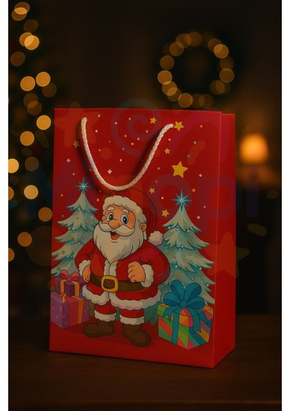 Noel Baba Desenli Kırmızı Yılbaşı Hediye Çantası 25X30X9, 2’li Set fiyatları