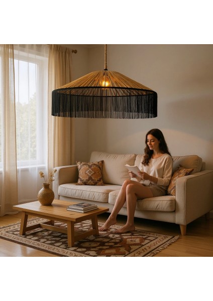 Japon Şapkası Rafya Siyah Püsküllü Çap 100