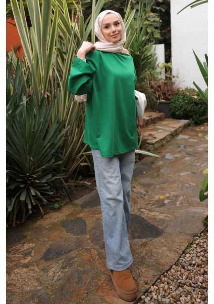 Zümrüt Yeşili Bisiklet Yaka Oversize Penye Sweat