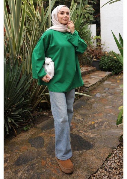 Zümrüt Yeşili Bisiklet Yaka Oversize Penye Sweat fiyatları