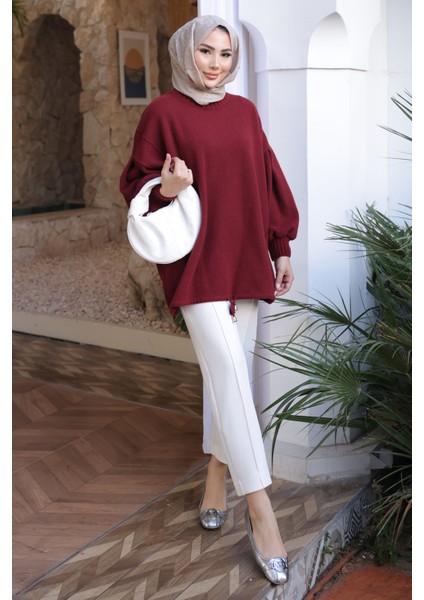 Bordo Bisiklet Yaka Keçe Kazak modelleri