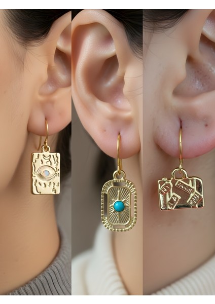 Göz Turkuaz Oval Bavul 3’lü Sembol Kadın Küpe Set