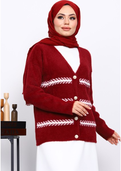 Bordo V Yaka Angora Yumoş Hırka