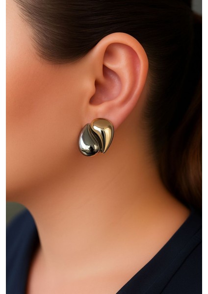 Gold ve Gümüş Renk Damla Şeklinde Asimetrik Kadın Küpe