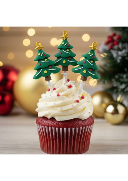 Yeşil 5 Adet 5 cm Yılbaşı Çam Ağacı Pasta Süsü, Cupcake Topper, Dekoratif Figür Seti