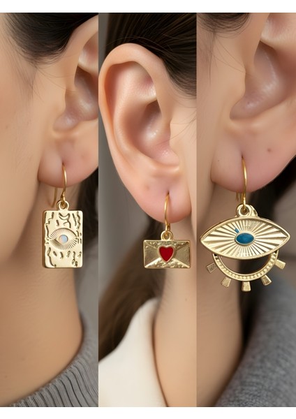 Göz Zarf Büyük Nazar 3’lü Sembol Kadın Küpe Set