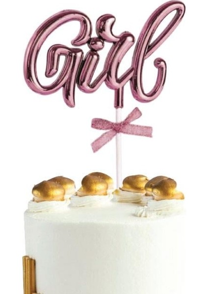Pasta Üstü Çubuklu Süs Krom Cinsiyet Partisi Baby Shower Pembe Girl Yazılı Çubuk
