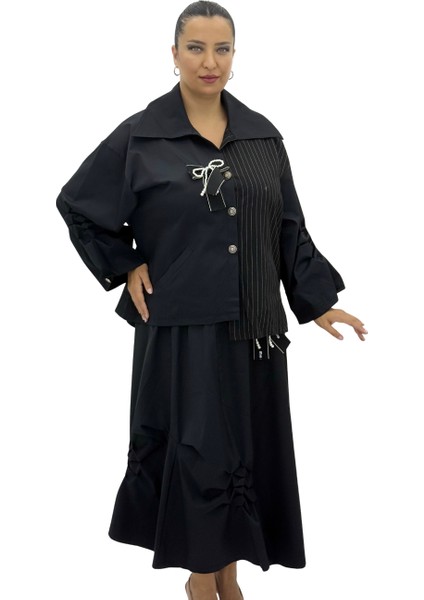 Büyük Beden Incili Fiyonk Detaylı Çizgili Oversize Kadın Gömlek Etek Takım