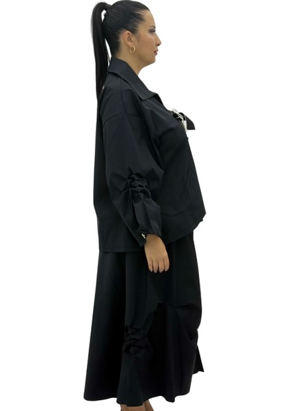 Büyük Beden Incili Fiyonk Detaylı Çizgili Oversize Kadın Gömlek Etek Takım fiyatları