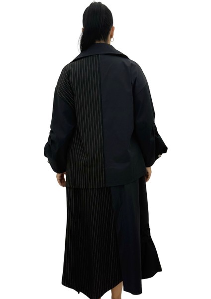 Büyük Beden Incili Fiyonk Detaylı Çizgili Oversize Kadın Gömlek Etek Takım modelleri