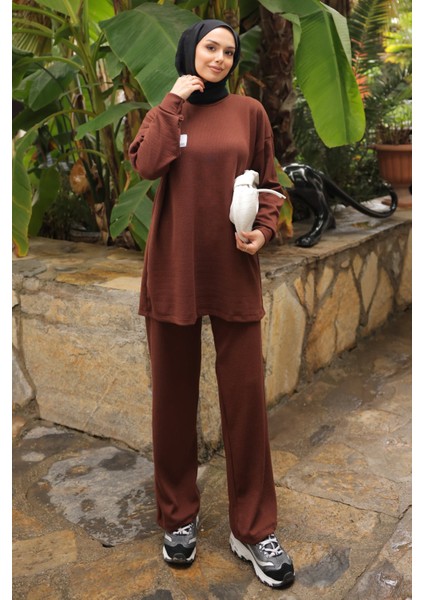 Kahverengi Armalı Tunik Pantolonlu Takım