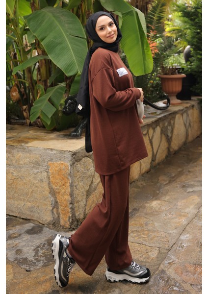 Kahverengi Armalı Tunik Pantolonlu Takım modelleri