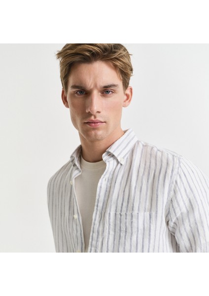Erkek Beyaz Regular Fit Düğmeli Yaka Çizgili Gömlek indirimleri