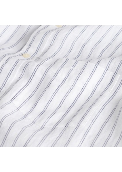 Erkek Beyaz Regular Fit Düğmeli Yaka Çizgili Gömlek