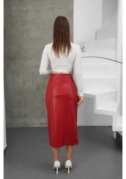 Yırtmaçlı Uzun Deri Etek Bordo