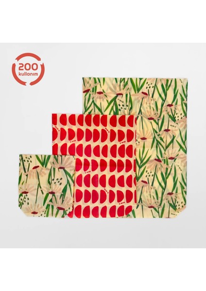 3'lü Balmumlu Kese Set - Bahar Desen - Tekrar Kullanılabilen Balmumlu Yiyecek Saklama Keseleri