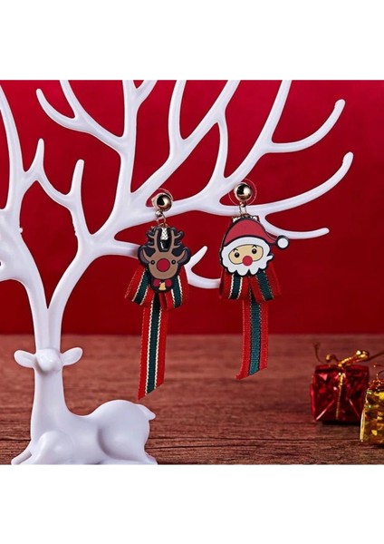 Kırmızı Gümüş Sarkan Küpe Sevimli Geyik Noel Baba Fiyonklu Yılbaşı Dekoru modelleri