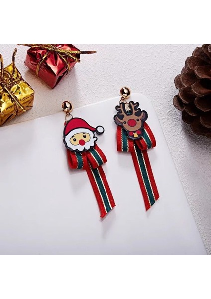 Kırmızı Gümüş Sarkan Küpe Sevimli Geyik Noel Baba Fiyonklu Yılbaşı Dekoru indirimleri