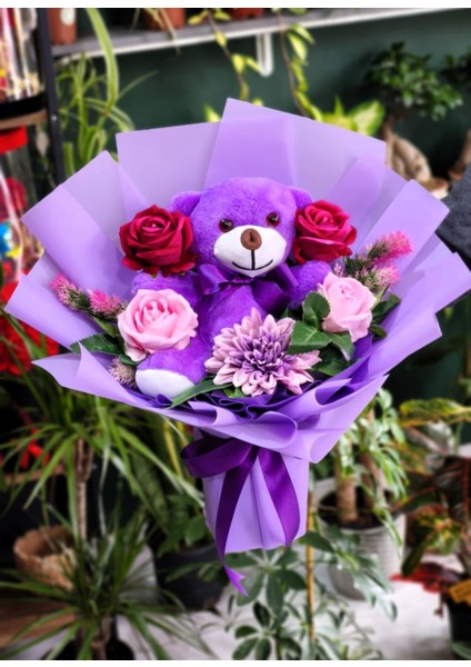 Ayıcık Buketi 25CM Sevimli Peluş Ayı & Güller & Yıldız Çiçeği Ile Hazırlanmış Sevdiklerinize Özel Hediye modelleri