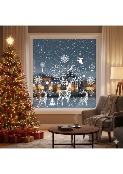 Beyaz 3'lü Geyik Desenli Elektrostatik Yılbaşı Sticker – Kendinden Yapışan Tekrar Kullanılabilir