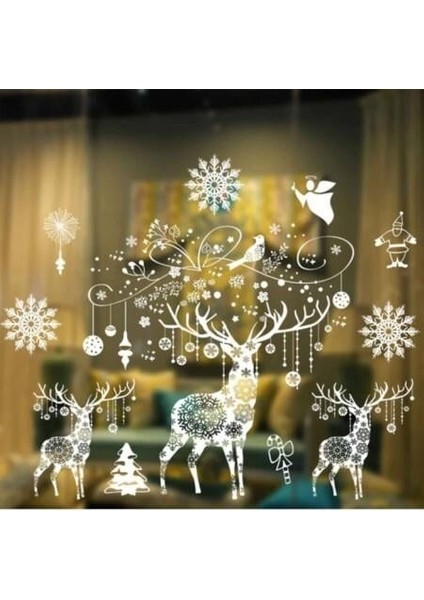 Beyaz 3'lü Geyik Desenli Elektrostatik Yılbaşı Sticker – Kendinden Yapışan Tekrar Kullanılabilir fiyatları