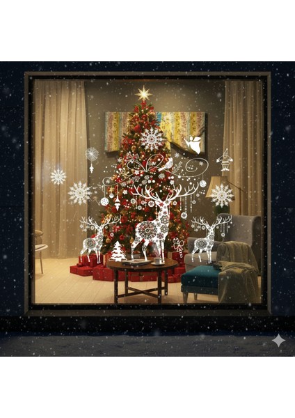 Beyaz 3'lü Geyik Desenli Elektrostatik Yılbaşı Sticker – Kendinden Yapışan Tekrar Kullanılabilir modelleri