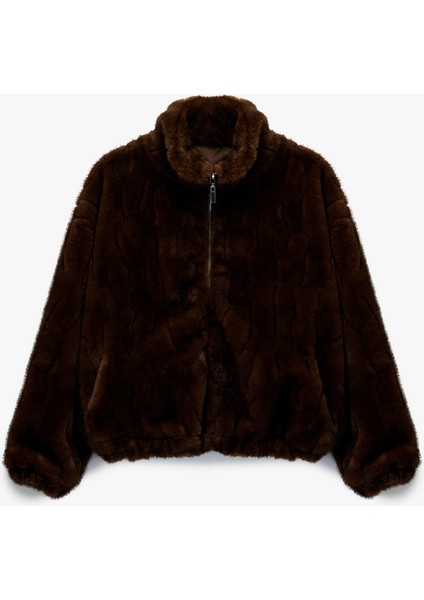 Suni Kürk Mont Uzun Kollu Dik Yaka Fermuarlı