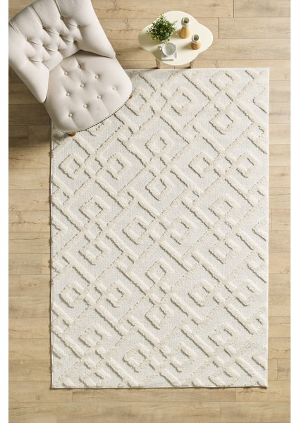 Yumuşak Bukleli Iskandinav Tasarım Salon Oturma Odası Yolluk Krem Halı