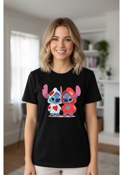 Baskılı Lilo Kadın Unisex Bisiklet Yaka Baskılı T-Shirt Siyah Tshirt Tişört