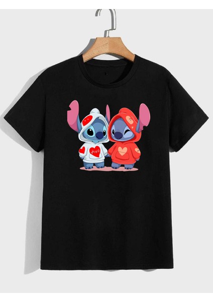 Baskılı Lilo Kadın Unisex Bisiklet Yaka Baskılı T-Shirt Siyah Tshirt Tişört fiyatları