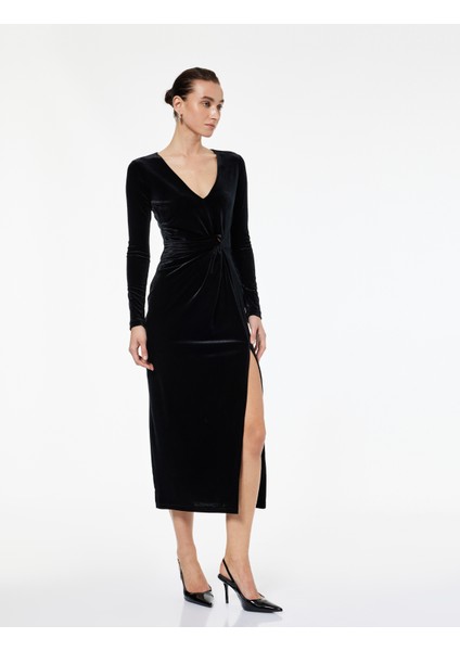 Uzun Kollu V Yaka Yırtmaç Detaylı Slim Fit Midi Elbise fiyatları