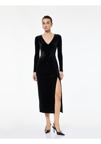 Uzun Kollu V Yaka Yırtmaç Detaylı Slim Fit Midi Elbise modelleri