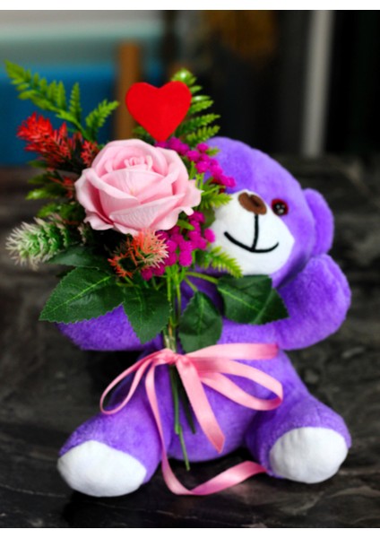 Kucağında Pembe Gül Buketi Tutan 25CM Sevimli Peluş Ayıcık Sevdiklerinize Hediye
