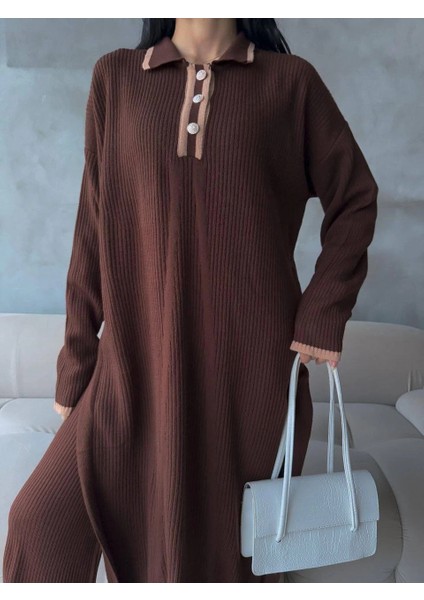 Pantolon Yırtmaçlı Elbise Ikili Triko Takım Kahve Elf fiyatları