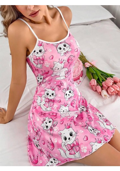- Pembe Kedi Desenli Fantezi Gecelik modelleri