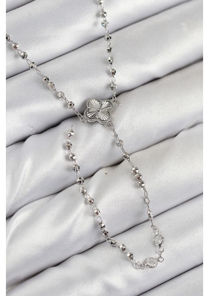 Pirinç Zirkon Taşlı Yonca Model Gümüş Renk Kadın Y Kolye - TJ-BKO10498