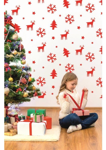 Yeniyıl Noel Temalı Vitrin Cam Sticker 136 Adet Kırmızı Renkli Dekorasyon