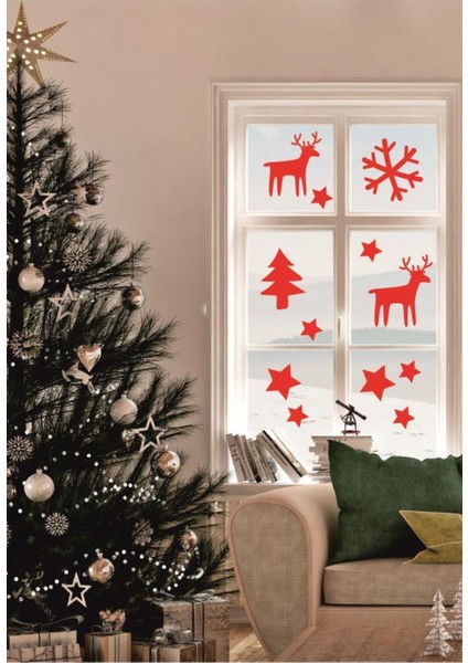 Yeniyıl Noel Temalı Vitrin Cam Sticker 136 Adet Kırmızı Renkli Dekorasyon modelleri