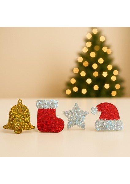 El Yapımı Simli Yılbaşı Süsü 4’lü Set: Yıldız, Çan, Noel Çorabı ve Şapka Dekor