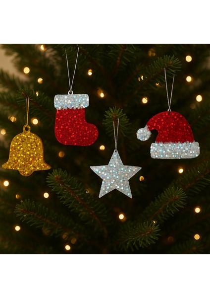El Yapımı Simli Yılbaşı Süsü 4’lü Set: Yıldız, Çan, Noel Çorabı ve Şapka Dekor fiyatları