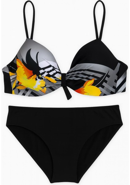 Kadın Çiçek Desenli Üst – Siyah Alt Bikini Takımı | Toparlayıcı KAP-0206