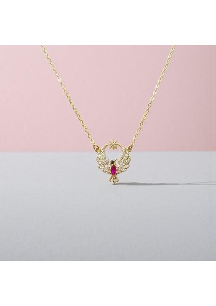Anka Kuşu Figürlü Kırmızı Beyaz Zirkon Taşlı 14 Ayar Altın Kolye