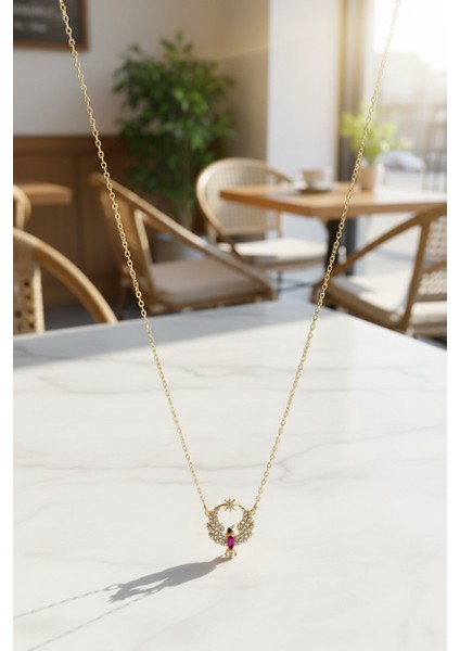 Anka Kuşu Figürlü Kırmızı Beyaz Zirkon Taşlı 14 Ayar Altın Kolye fiyatları