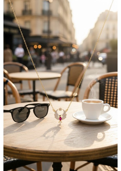 Anka Kuşu Figürlü Kırmızı Beyaz Zirkon Taşlı 14 Ayar Altın Kolye modelleri