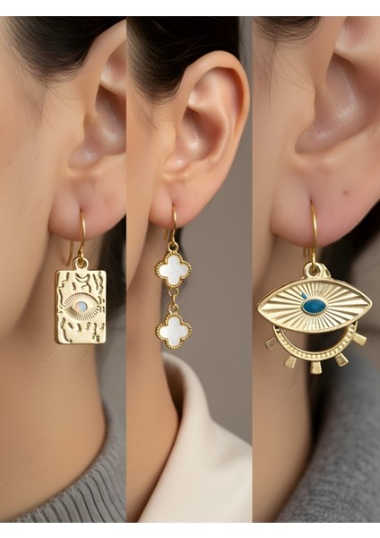 Göz Beyaz Yonca Nazar Göz 3’lü Sembol Kadın Küpe Set