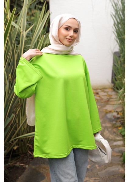 Neon Yeşili Bisiklet Yaka Oversize Penye Sweat