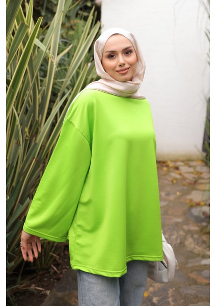 Neon Yeşili Bisiklet Yaka Oversize Penye Sweat modelleri