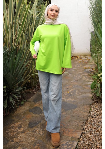 Neon Yeşili Bisiklet Yaka Oversize Penye Sweat indirimleri